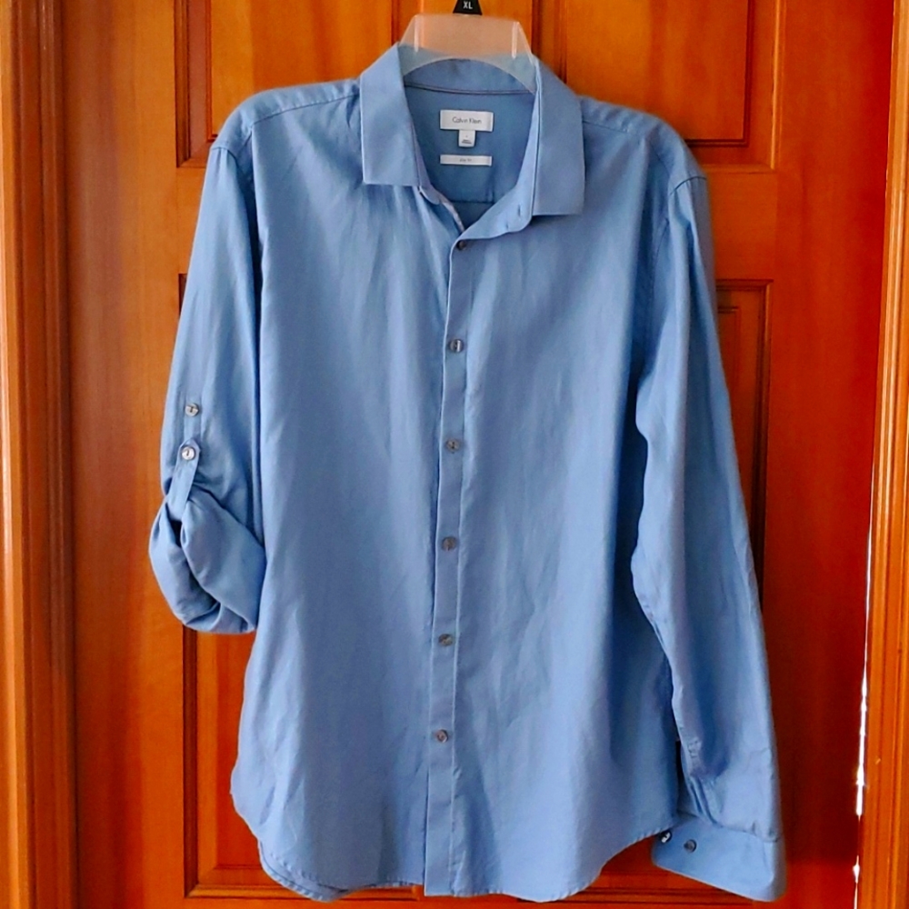 Calvin Klein Mens Blue Roll Tab Long‎ Sleeve Buttondown Shirt Size Large - Picture 2 of 11